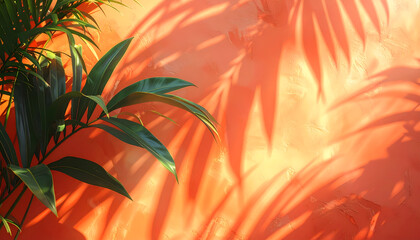 Shadows of tropical leaves cast on a warm terracotta wall with soft sunlight create a minimalist and very organic atmosphere generative AI