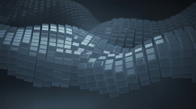 Abstract wave of small cubes with a glossy surface and blue lighting