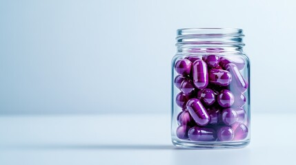 A clear jar filled with vibrant purple capsules is showcased on a soft background, symbolizing health, wellness, and reliable supplementation.