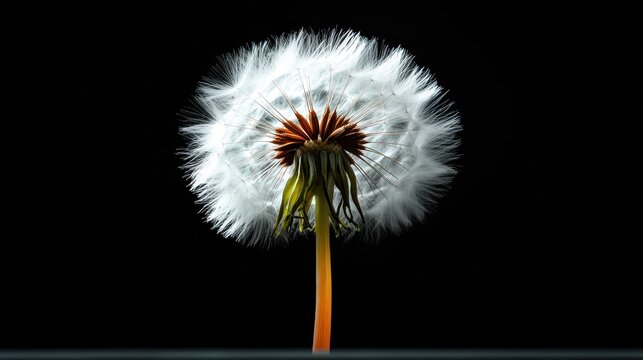 A dandelion puff stands out in stark contrast against a dark background, showcasing its delicate structure and unique beauty, inviting invitations for whimsical thoughts.