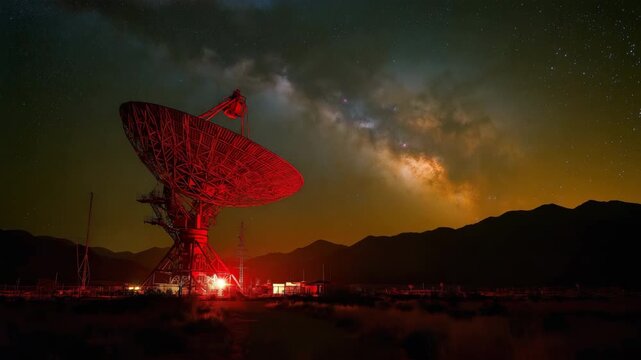 A massive red-lit radio telescope dish in a desert setting with a starry night sky