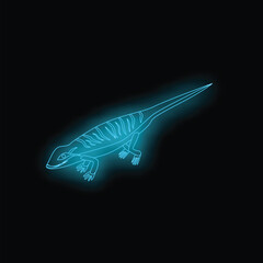 Naklejka premium Neon blue lizard silhouette walking in the dark, perfect for zoology, nature and exotic themes