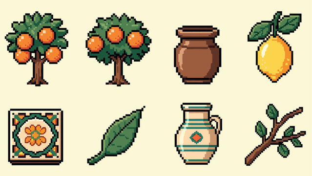 Pixel Art Retro pixel art citrus icons featuring fruits, trees, and pottery