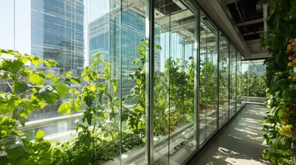Naklejka premium Balcony garden view facing urban skyline with tomato vines and planters, narrow glass railing frames city vista, morning sunlight warms foliage, rooftop access path for quick harvesting rounds