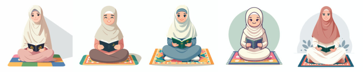 Fototapeta premium vector of mother sitting on a prayer mat reading the Koran