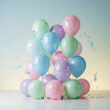 Bright pastel balloons grouped harmoniously sparkling confetti frozen midair in gentle spirals gradient backdrop adds dimension while remaining balloon backdrop decoration celebration party background