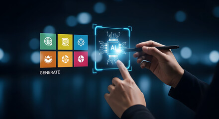Naklejka premium Person interacting with futuristic digital interface and icons