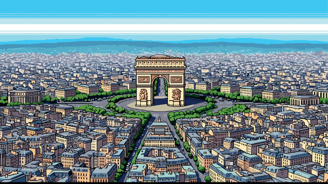 Pixel art cityscape of paris with arc de triomphe and extensive urban landscape