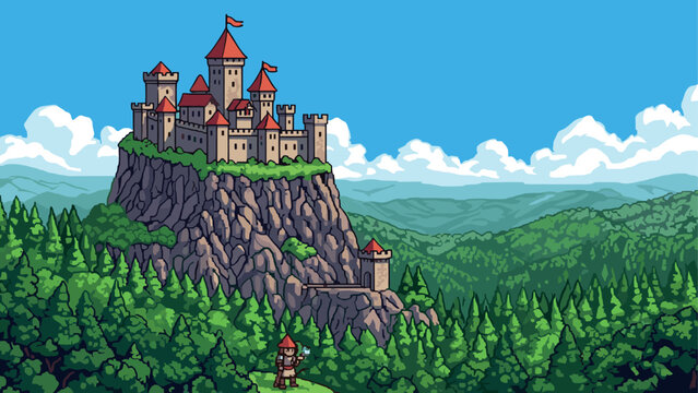 Pixel art castle on mountain cliff with forest and adventurer in retro game style