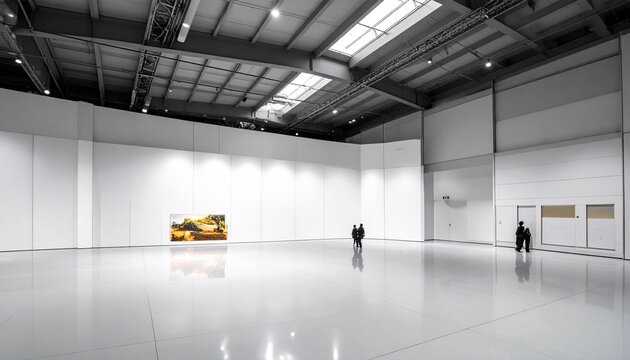 Expansive interior shot showcasing a vast white space, with high ceilings, and minimal design