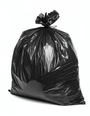 Shiny black plastic garbage bag sits upright on a clean white background, representing waste management, recycling, and environmental responsibility.