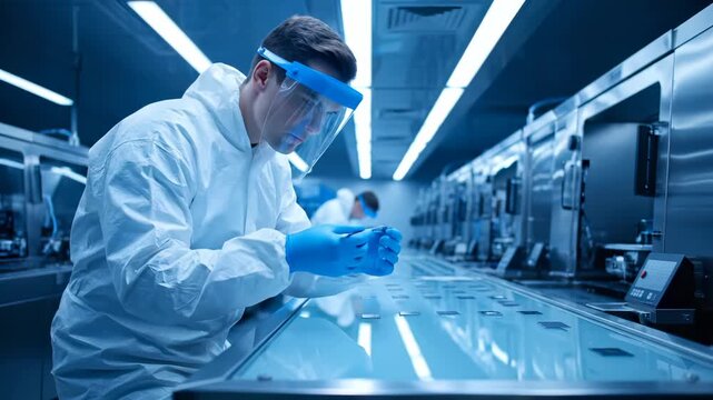 Technician inspects semiconductor wafer in cleanroom factory. Engineer works on microchip production line. Technician examines silicon chip. Manufacturing worker in cleanroom checks semiconductor.