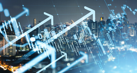 Futuristic financial growth concept with digital arrows and charts over modern cityscape background...