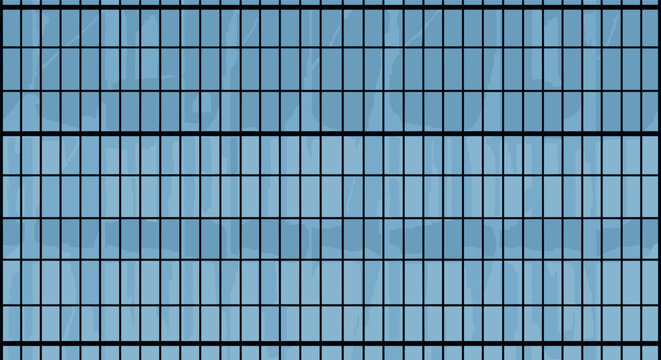 Pixel Art Modern glass building facade with reflective blue windows in geometric pattern