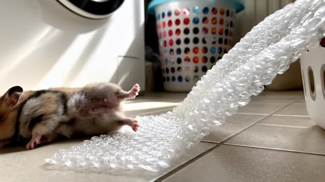 Playful hamster explores bubble wrap ramp indoors.