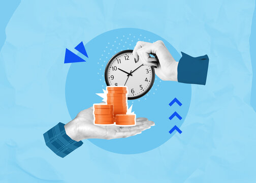Time as money concept with hand holding clock dropping golden coins on background in creative collage style.