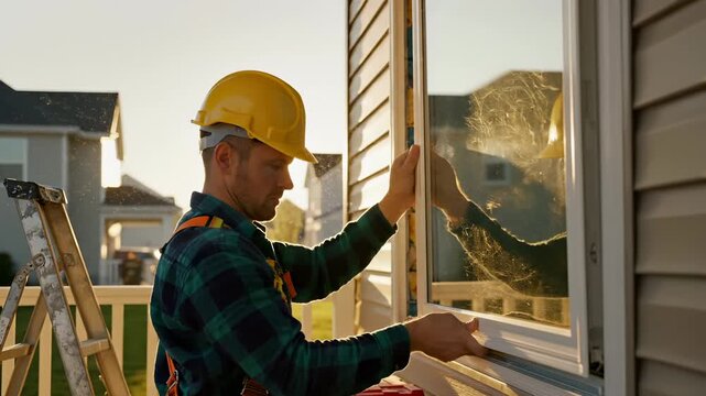 Construction worker repairs broken window on house exterior. Worker fixes cracked glass wearing helmet for safety. Man repairs window damage on residential building. Worker with broken window repair.