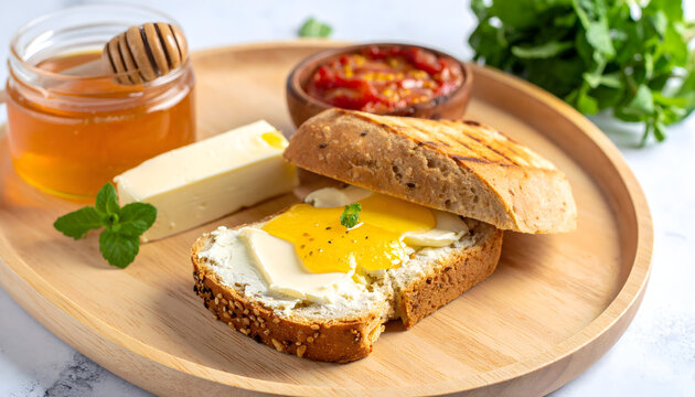 Delicious slice of bread with butter and honey for breakfast capturing a sweet and fresh start to the morning day generative AI