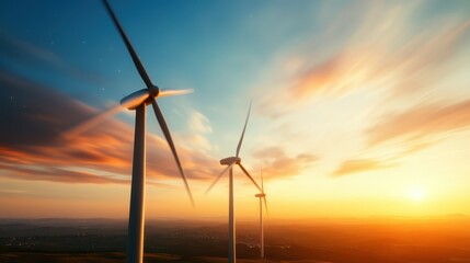 A breathtaking view of wind turbines silhouetted against a vibrant sunset sky, showcasing the beauty of renewable energy in serene natural surroundings.