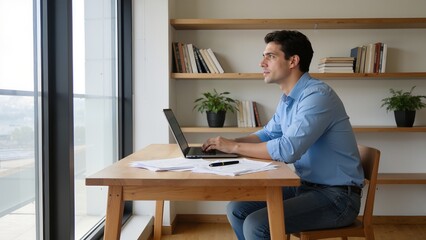 Man working on laptop by window