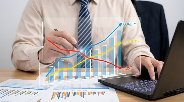 Focused professional reviews business performance charts showing increasing quality and efficiency with decreasing cost on a virtual display.