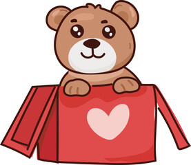 Teddy bear in gift box with heart valentines present sticker