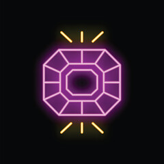 Bright purple neon shining gemstone with light rays on black background is a vector illustration suitable for dark designs