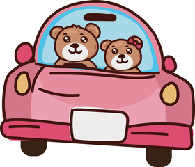 Cute teddy bear couple in pink car valentines road trip
