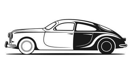 Fototapeta premium A striking vintage two-door car is depicted with a unique split design, showcasing one half as a white outline and the other as a solid black silhouette.