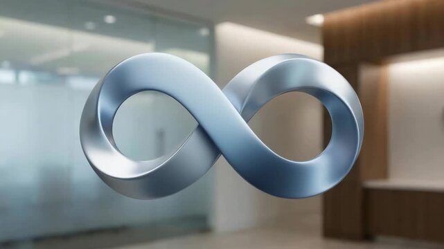Silver infinity symbol rotates in a contemporary indoor setting.