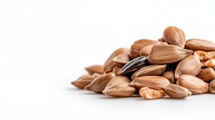 Obraz premium A close-up view of a pile of raw pumpkin seeds on a clean white background, showcasing their natural texture and color for healthy snack options and culinary uses.