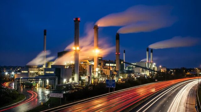 Night factory power plant light trail highway traffic smoke stack energy industry pollution urban infrastructure blue hour long exposure midnight