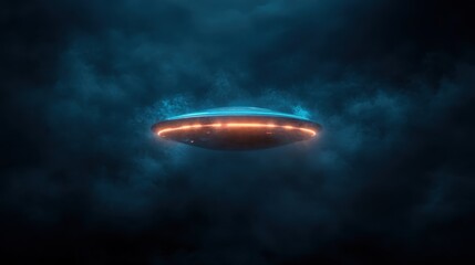 Obraz premium A captivating image of a futuristic UFO emitting a soft glow amidst a dark, cloudy backdrop, evoking intrigue and the mystery of the unknown in the universe.
