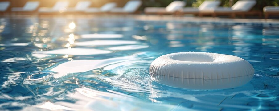 Bright, rippling blue pool water with a white inflatable ring and sun loungers