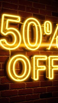 Yellow Neon Sign 50 Percent Off Displayed On A Textured Brick Wall With Dramatic Lighting