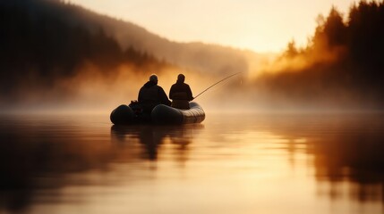 Obraz premium Two fishermen peacefully enjoying a foggy morning on a still lake, embraced by the tranquility of nature as the sun rises over a calm horizon.