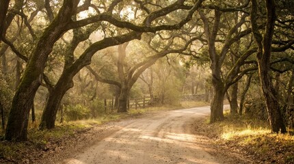 Fototapeta premium Golden light filtering through ancient oak trees onto a dusty winding road