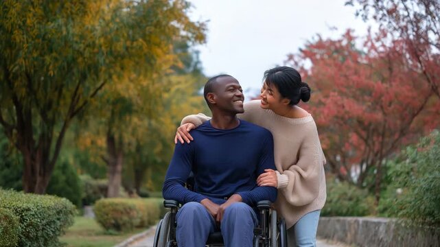 A disabled man in a wheelchair enjoying himself with his wife. love, inclusion, accessibility
