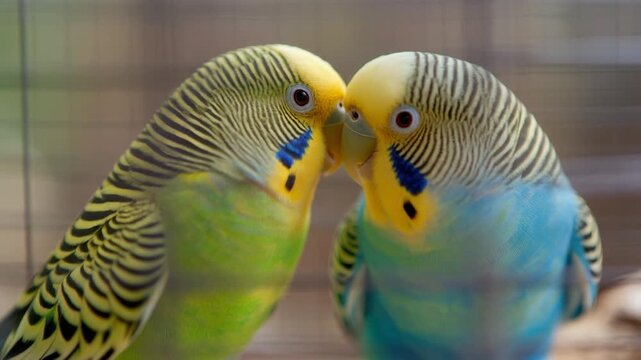 A tender moment between two colorful parakeets with vibrant feathers and distinctive markings, gently touching beaks