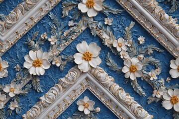 Obraz premium Ornate architectural molding features detailed white floral relief against a textured blue background