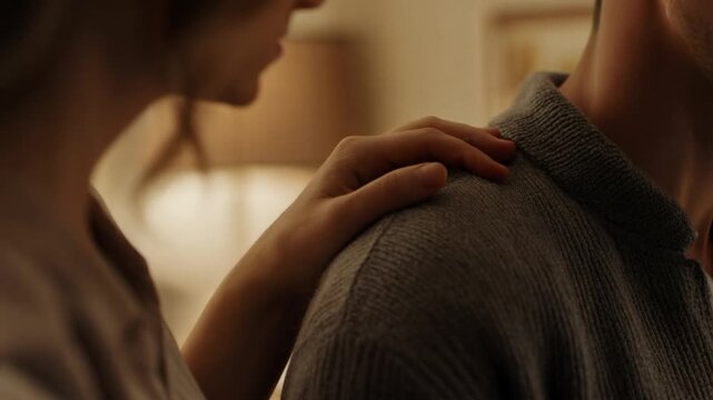 A tender moment between two people, one placing a comforting hand on the other's shoulder
