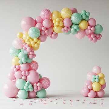 Elegant pastel balloon arch in pink yellow and mint green ideal for enhancing party and event decorations balloon backdrop decoration celebration party background birthday design holiday balloons happ
