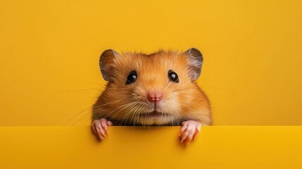 Fototapeta premium This charming image features a curious hamster peeking over a bright yellow surface, showcasing its cute features and vibrant fur color in stunning detail. Perfect for animal lovers.