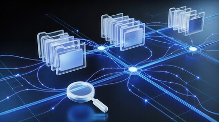 Digital folders and a magnifying glass are connected by glowing blue lines, illustrating data search and network information management across a dark background.