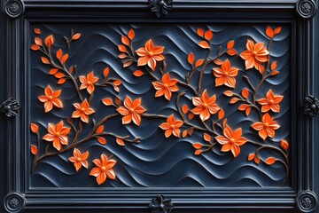 Obraz premium Three dimensional floral relief carving displays vivid orange blossoms against a dark, wavy background within an ornate frame