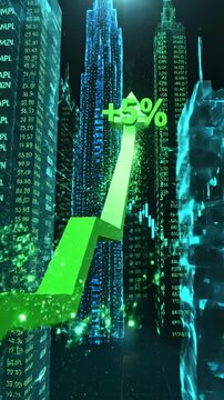 Futuristic Cityscape With Upward Green Arrow and Stock Market Charts Glowing Blue and Green Lights