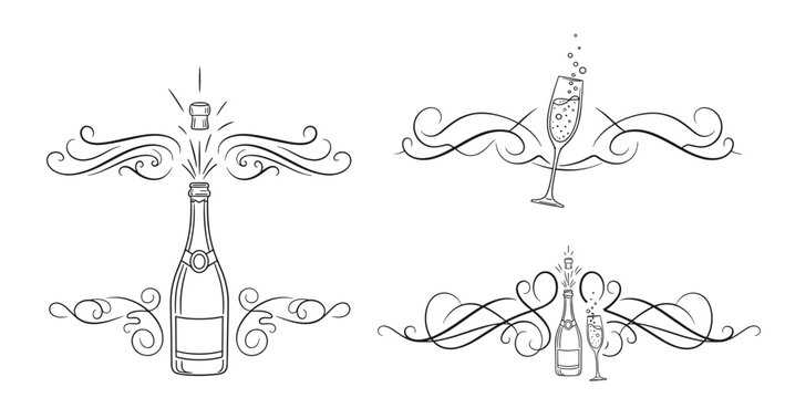Elegant champagne bottle and flute with decorative swirls for celebrations and special occasions, Decorative text dividers