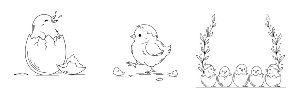 Cute chick illustrations hatching and walking with eggs for Easter and spring themes