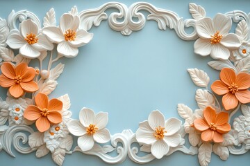 Obraz premium Sculpted floral border features soft orange and white blossoms against a pale blue background