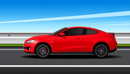 Red Sports Car Driving on a Highway Under a Blue Sky.